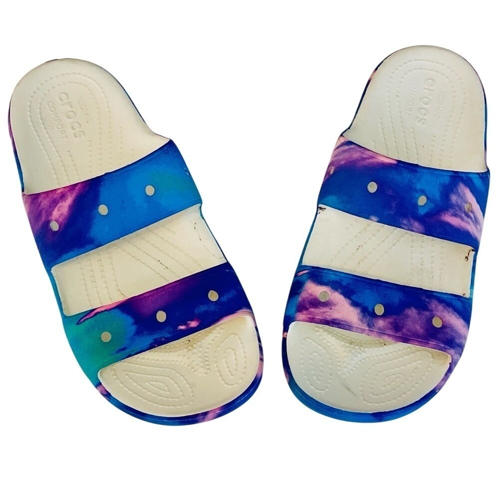 Crocs Classic Slide Sandals Blue Purple Tie Dye‎ Marble Mens 10 Womens 12